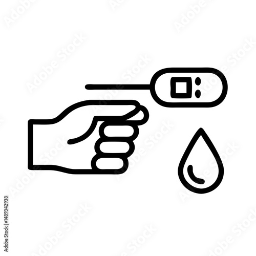 Hand holding blood glucose meter with drop of blood icon 