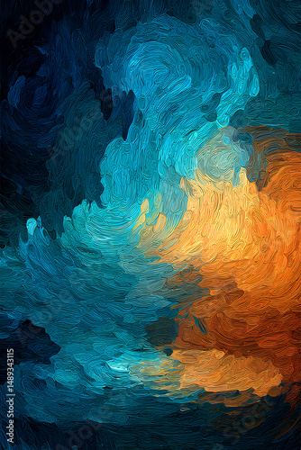 Hypnotic vortex of swirling oil paint strokes in gradient hues from deep indigo to golden amber and rose forming abstract dreamlike figures and textured landscapes
