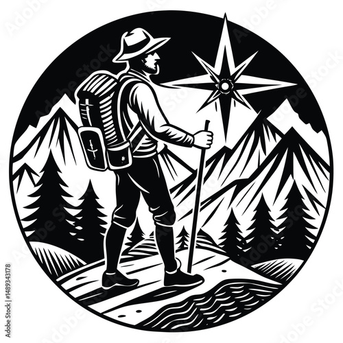 Lone Hiker on Mountain Peak with Compass and Stunning View