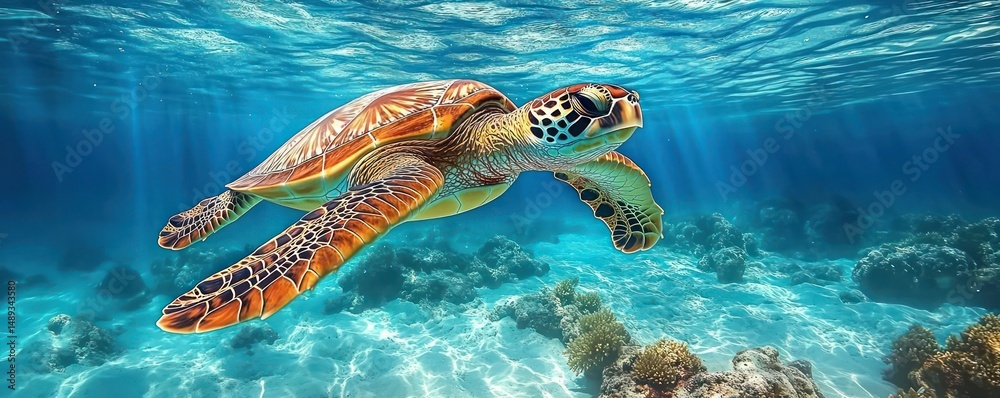 Obraz premium Close-up underwater view of a vibrant sea turtle swimming over a coral reef in clear blue ocean water with sunlight streaming through the surface