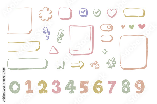 Hand drawn doodle frames, banners, buttons, hearts, numbers vector illustrations