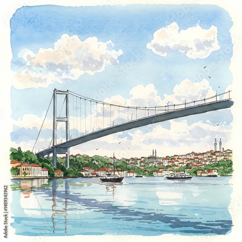 Watercolor painting of a bridge over calm waters with hills in background  
