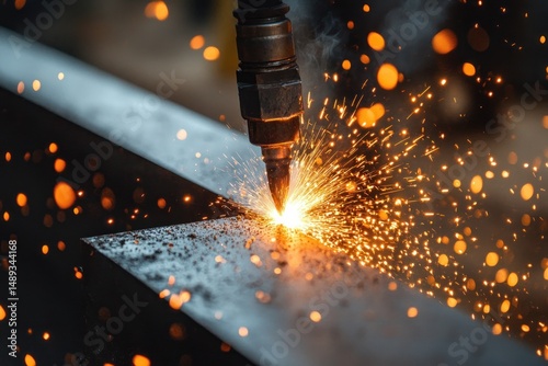 Close-up of a plasma cutter producing bright sparks while cutting through a metal sheet in an industrial workshop