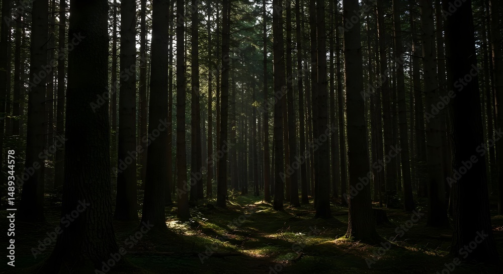 Obraz premium Dark Forest Surrounded by Abundant Trees and Soft Sunlight Streams