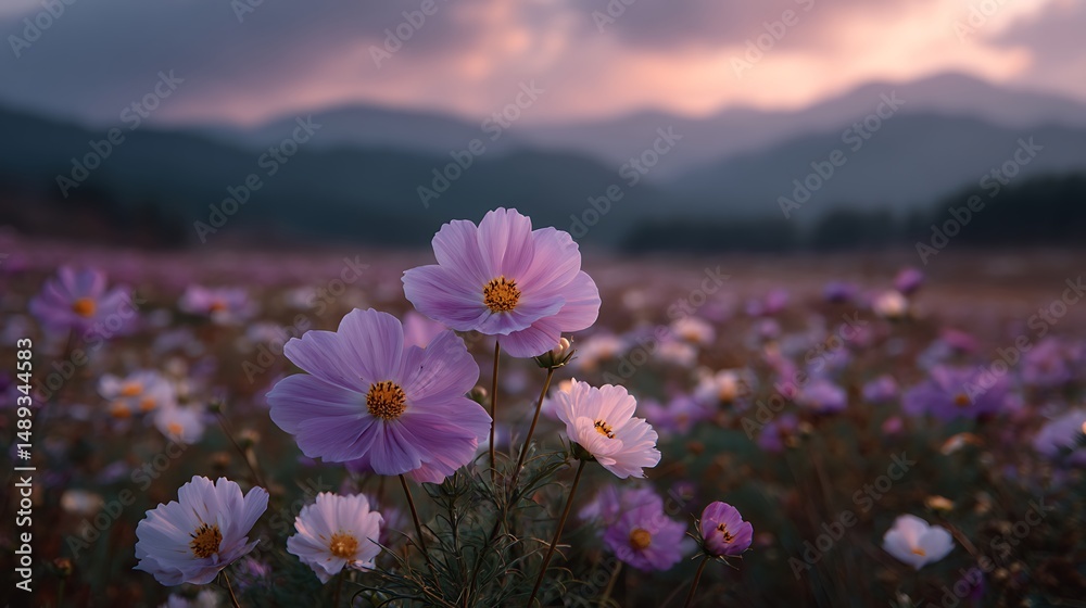 Fototapeta premium Dreamy cosmos flowers in soft light near mountains