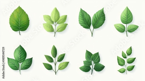 Collection of eight different green leaves arranged in two rows on a white background with detailed veins showing natural variations