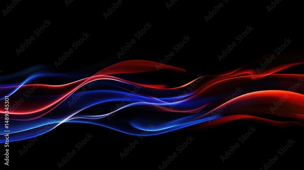 Naklejka premium Abstract red blue light waves, dark background, energy flow, design element