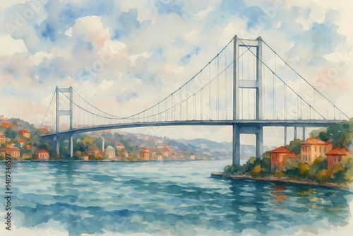 Watercolor painting of Bosphorus Bridge over the water landscape  