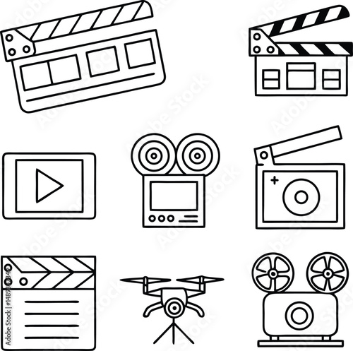 Minimal outline vector icons set for video production, editing, streaming, and media technology,Set of outline icons related to video,Editable stroke,Vector illustration,Minimalist video product icons