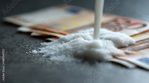 Close up of spilled white powder banknotes with stick concept of drug or substance abuse photo