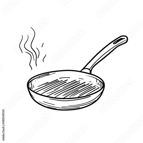 Grill pan with steam on the surface in minimal line drawing style  
