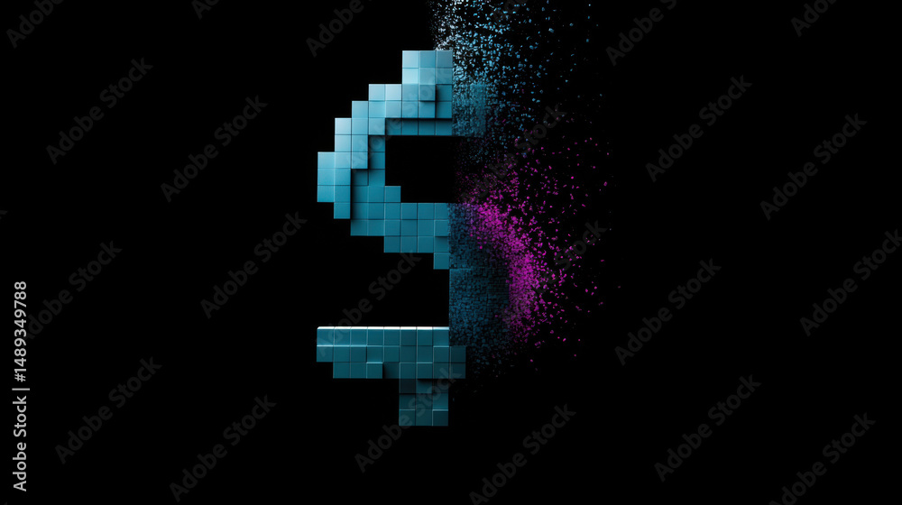 Digital dollar symbol made of pixelated cubes dissolving into colorful particles black Digital dollar symbol made of pixelated cubes dissolving into colorful particles black