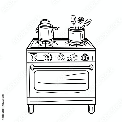 Kitchen stove with kettle and utensils in minimalistic style  