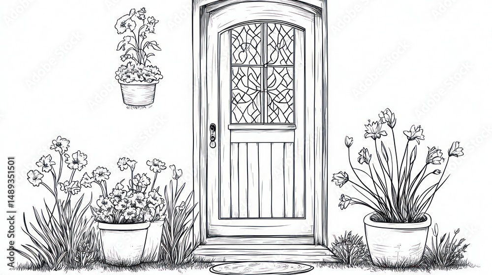 Fototapeta premium Ornate door, potted plants, garden, home entrance, design illustration