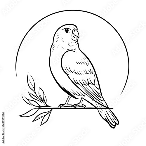 Budgerigar bird illustration sitting on branch with leaves  