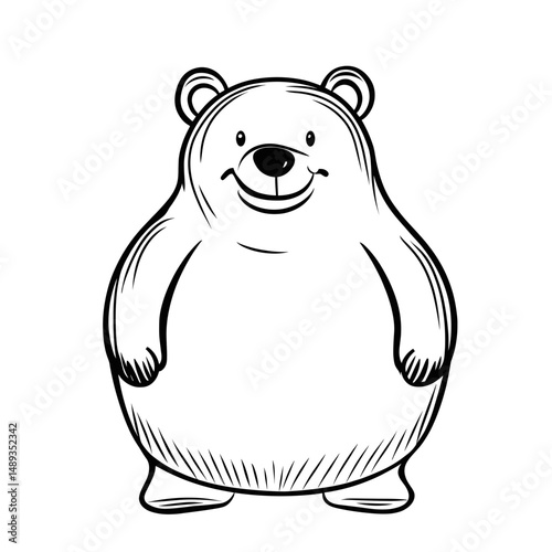 Cartoon bear standing with a smile in a simple line drawing style - Concept of travel  