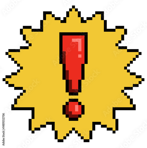 Pixel pop exclamation mark vector for alert, warning, and retro comic design. Ideal for loud message, error pixel art, or 8-bit notification interface in games or fun visuals.