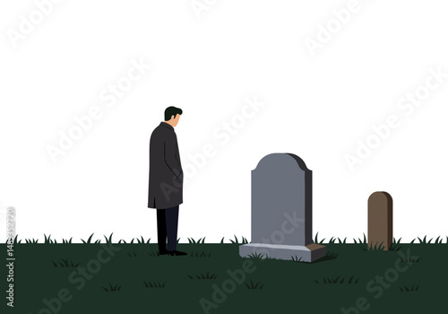 Man in dark coat standing by gravestone in a cemetery  