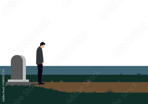 Man standing by grave in solemn reflection during a quiet moment  