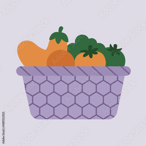 Colorful basket with fresh vegetables on a pastel background  