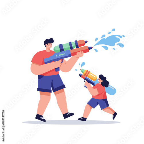 Father and son playing with water guns in a fun summer setting  