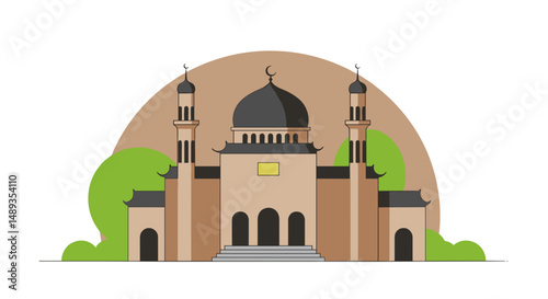 Illustration of a mosque with two minarets surrounded by greenery  