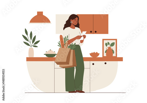 Young woman checking her shopping list in modern kitchen at home  