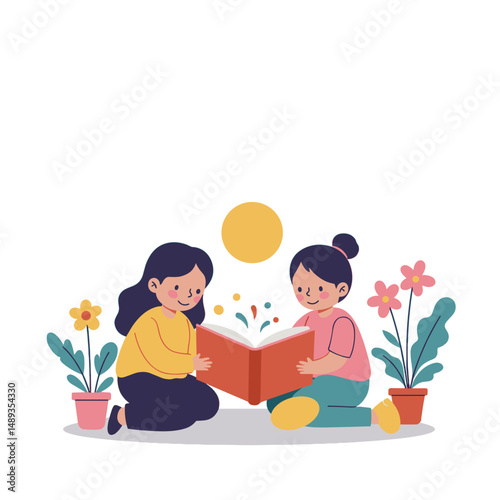 Two children reading a book while sitting on the floor with plants  