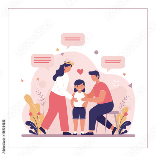 Family discussing with child in a colorful environment at home  