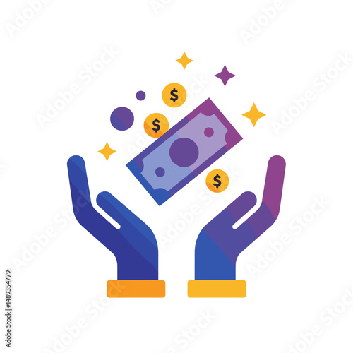 Colorful hands holding money and coins representing financial success