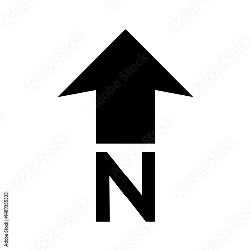 Minimal black north arrow symbol with letter N indicating direction on transparent background. Navigation concept
