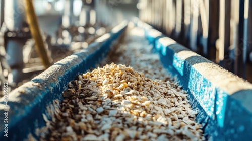 Close up of wood chips on conveyor belt in industrial setting