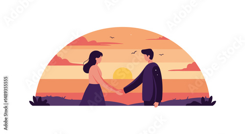 Couple holding hands against sunset background in romantic scene  