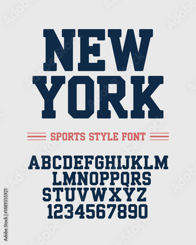 Classic college font. Vintage sport serif font in american style for football, soccer, baseball and basketball. Alphabet and numbers in varsity style