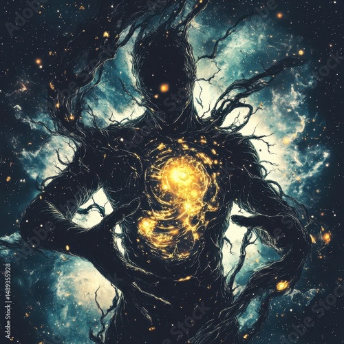 illustration of a shadowy cosmic entity with luminous golden galaxies spiraling inside its chest, surrounded by a glowing nebula and starlit void, exuding an aura of celestial mystery