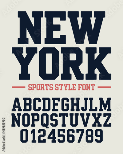 Classic college font. Vintage sport serif font in american style for football, soccer, baseball and basketball. Alphabet and numbers in varsity style