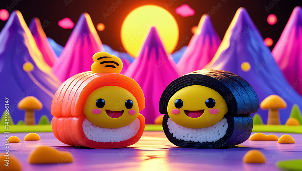 Naklejka premium Adorable cartoon sushi characters smiling with a backdrop of colorful mountains and a sunset