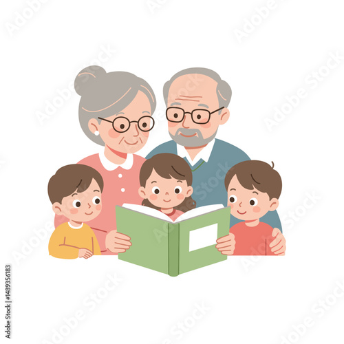 Four family members reading a book together with smiles at home  