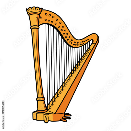 Decorative golden harp illustration in a vintage style  