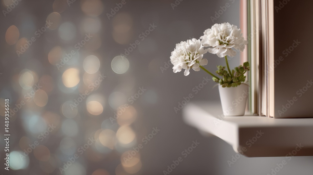 Fototapeta premium White hydrangea bouquet in a clear glass vase. Minimal window ledge with soft morning bokeh lights outside. Calm focus and fresh beginnings. For spa branding, lifestyle blogs