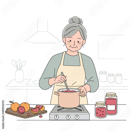 Elderly woman cooking in kitchen while stirring pot of jam  