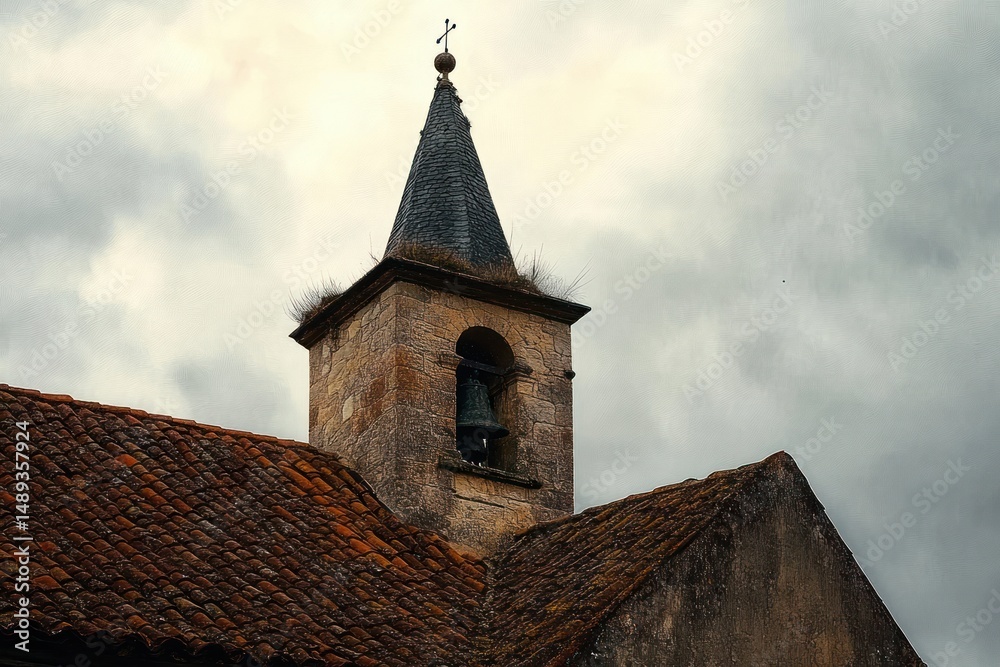 Fototapeta premium Old stone church bell tower with cross on top and weathered tiled roof under cloudy sky
