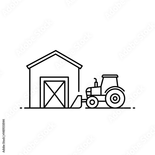 Tractor parked beside barn in simple black and white line art  