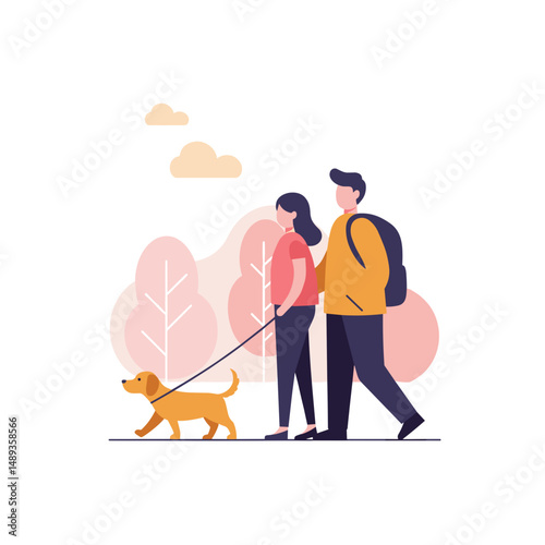 Young couple walking dog in colorful park during autumn day  