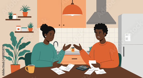 Couple discussing finances while sitting at kitchen table with receipts  
