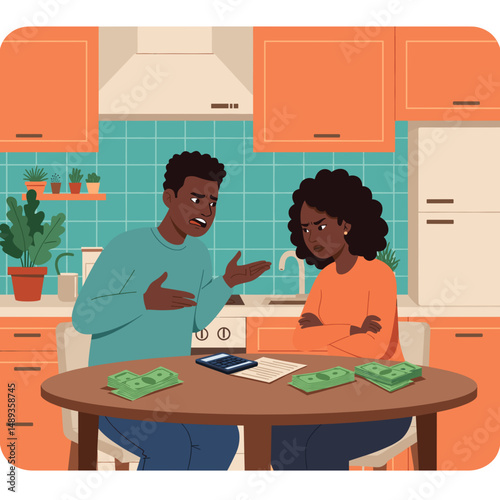 Couple arguing over finances while sitting at kitchen table with bills
