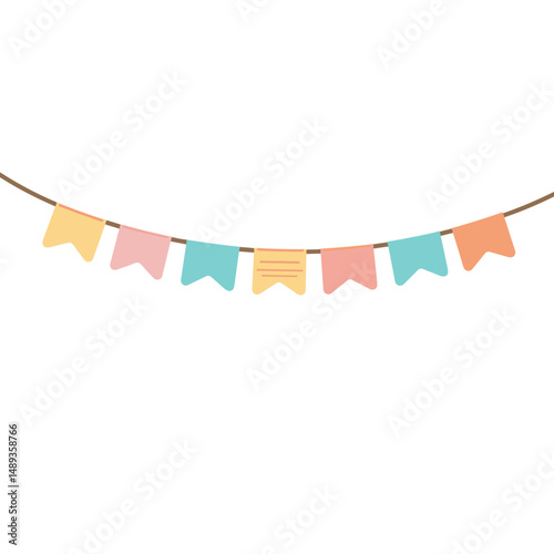 Colorful flags hanging on a rope for decoration by the sea - Concept of travel  