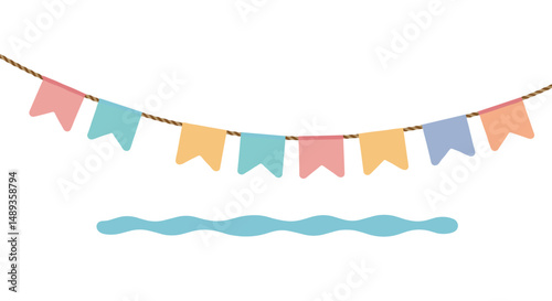 Colorful flags hanging on a rope above the sea waves concept of travel  