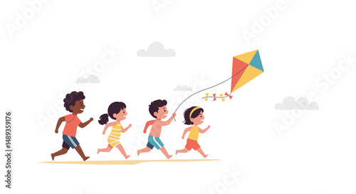 Children running on the beach while flying a colorful kite  