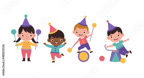 Four children playing and having fun in colorful circus outfits  